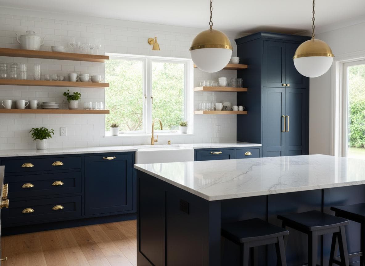 Navy blue kitchen renovation with brass hardware and marble countertops