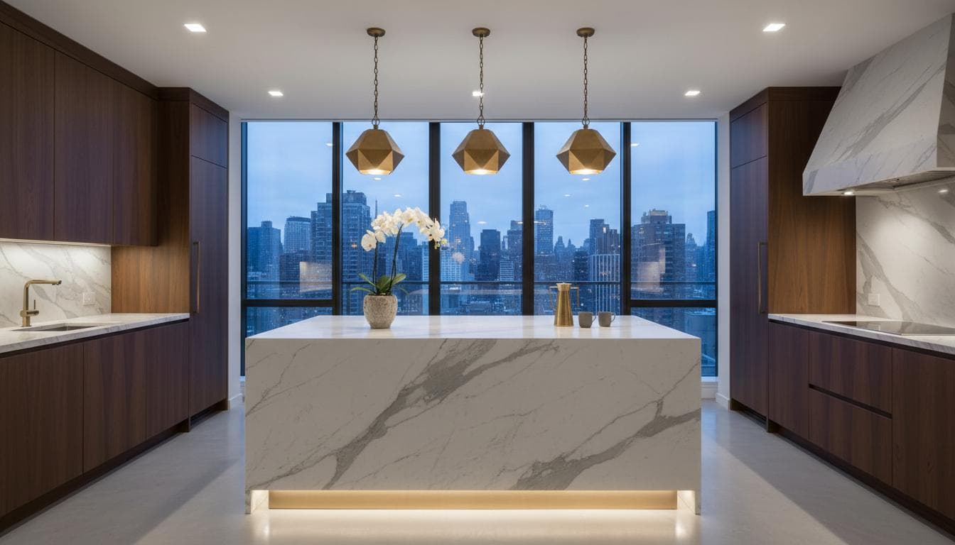 Luxury kitchen renovation in NYC with marble island and city skyline views